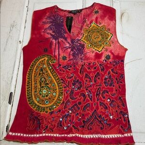 Chaudry Red Paisley and Mandala Print Women's Top
